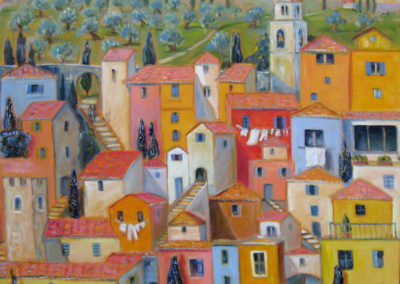 Ce tableau présente un récit de voyage d'un village en Sardaigne inspiré de Boza. Entièrement recomposé par l'artiste, avec des lignes de vêtement qui sèchent au vent, couleurs châtoyantes