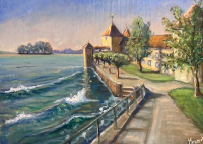 Tableau à l'huile de Rita Mancesti présentant une vue du chateau de rolle et la harpe