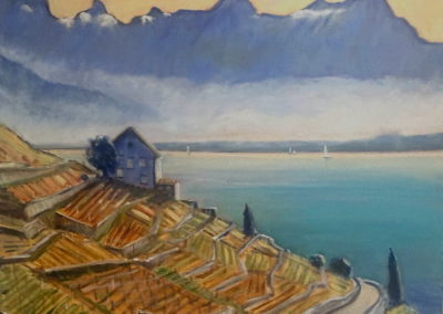 Peinture à l'huile de Rita Mancesti représentant le Lavaux et les Alpes, lac Léman