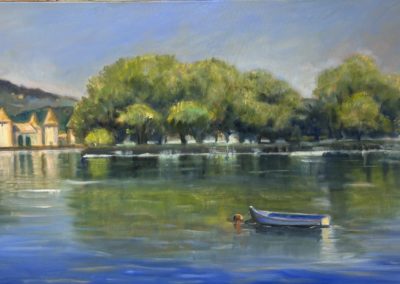 Vue de Rolle, Ile de la Harpe et Château. Lac Léman peint par Rita Mancesti