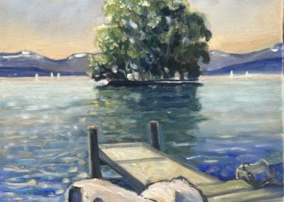 Peinture représentant l'Ile de la Harpe, oeuvre de Rita Mancesti artistie-peintre à Rolle