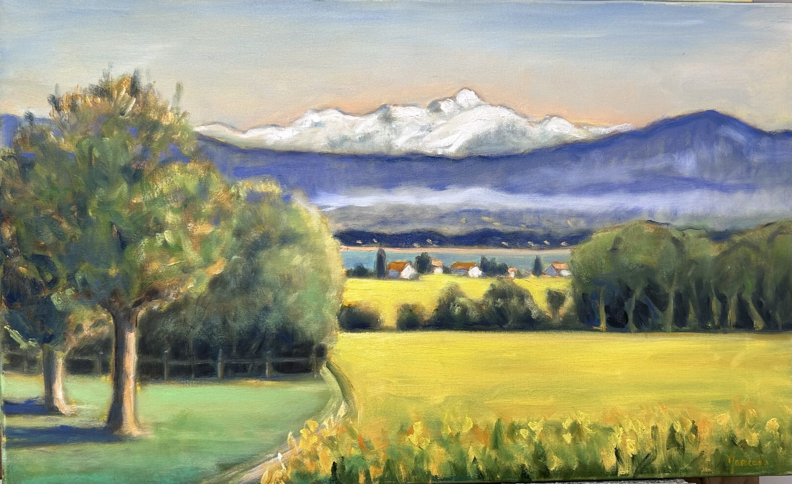 Peinture de paysage suisse « Gingins et Mont-Blanc » de Rita Mancesti