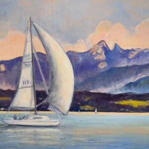 Peinture du paysage lémanique « Voilier à Coppet » de Rita Mancesti