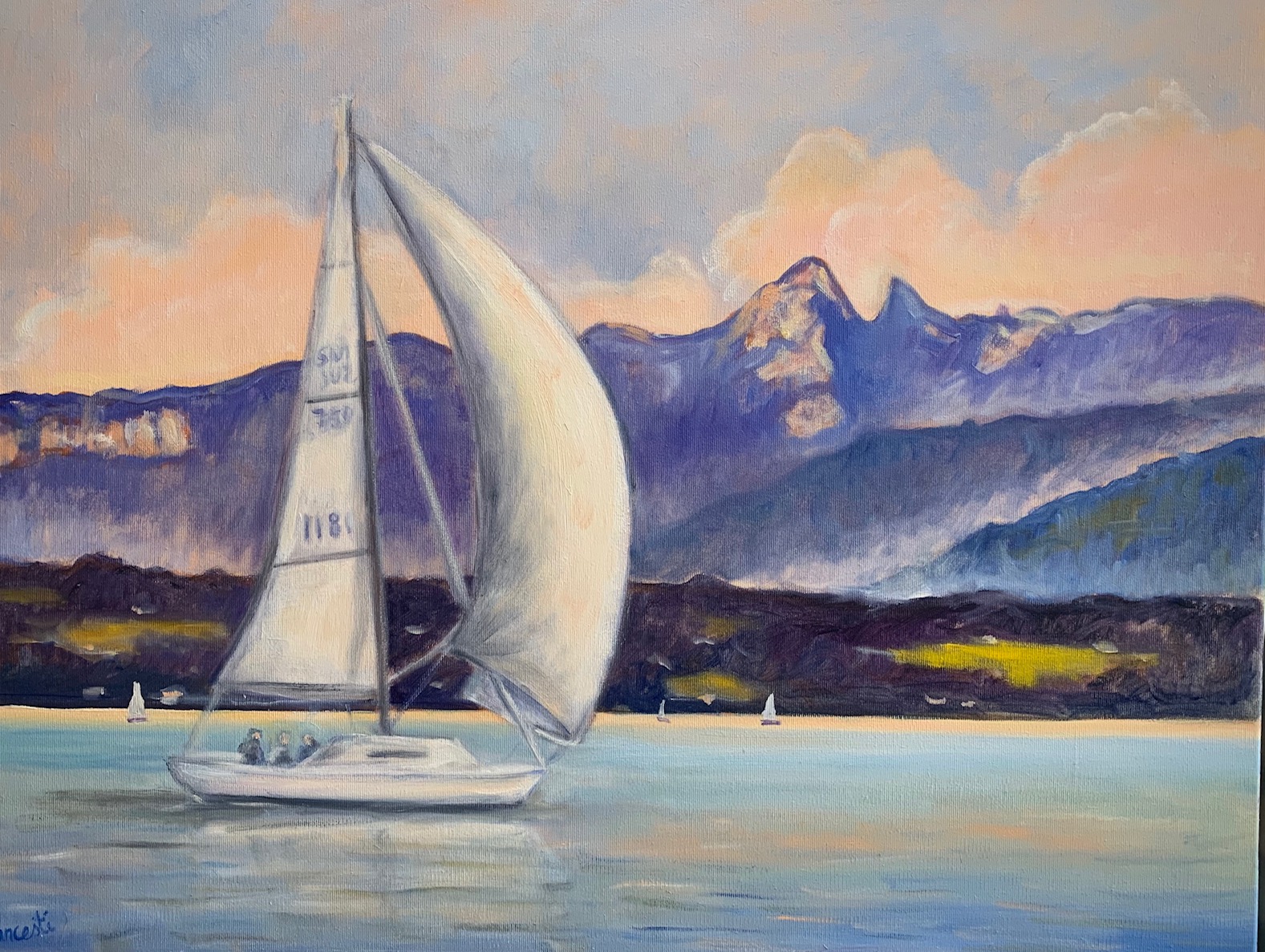Peinture du paysage lémanique « Voilier à Coppet » de Rita Mancesti
