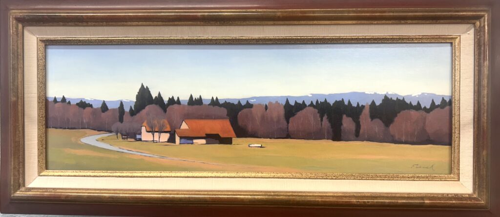 Peinture panoramique de paysage présentée dans un cadre