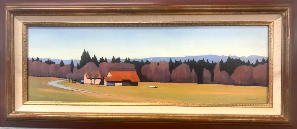 Peinture panoramique de paysage présentée dans un cadre
